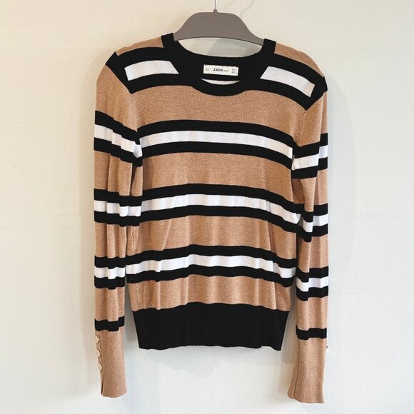 Zara Camel Tan Striped Fine Knit Sweater - Picture 1 of 5